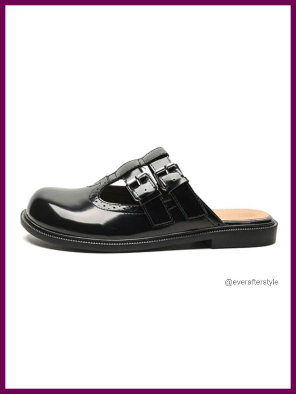 Women Faux Leather Round Toe Low Heel Mules Buckle Strap Backless Slip-On